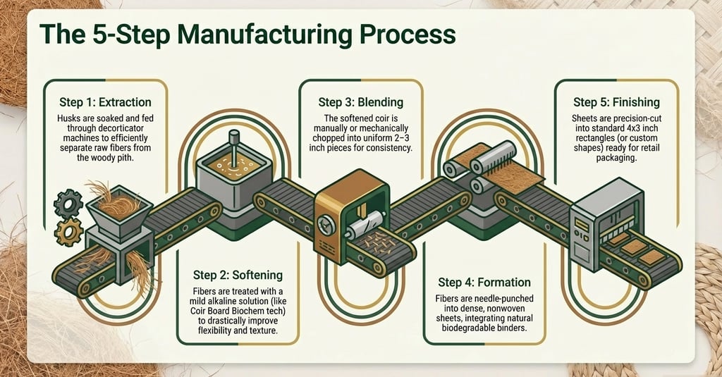 Diagram showing the 5-step manufacturing process of coir fibers from extraction to finishing.