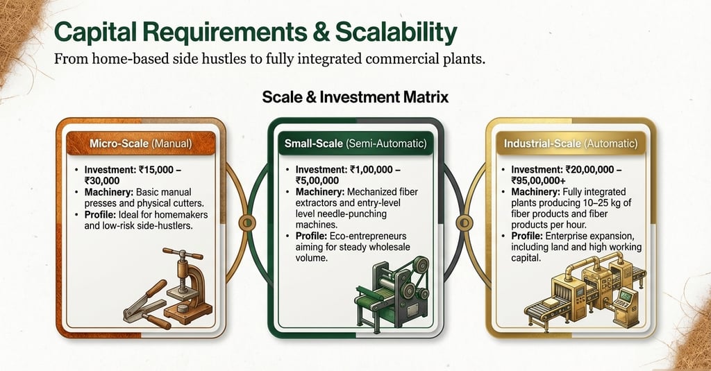 Scale and investment matrix comparing micro, small, and industrial business capital requirements.