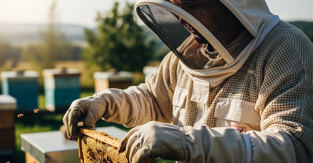 Beekeeper inspecting hive wearing complete PPE beekeeping clothing.