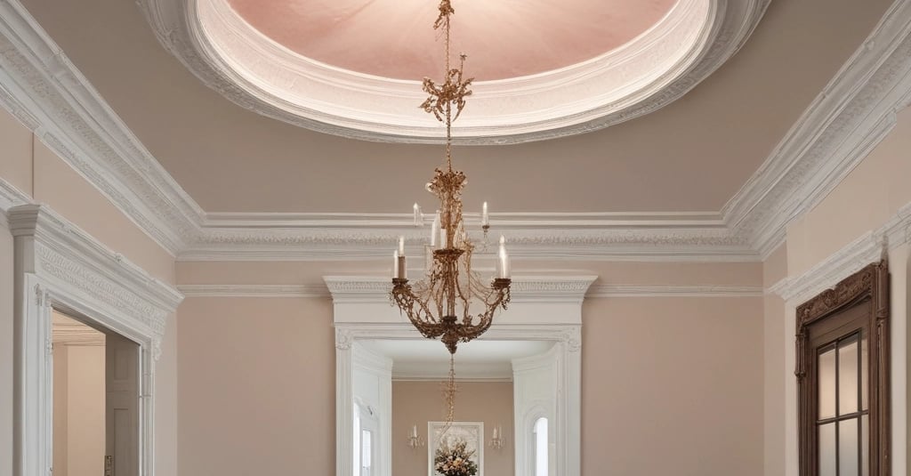 very ornate plaster ceiling cove round with chandelier