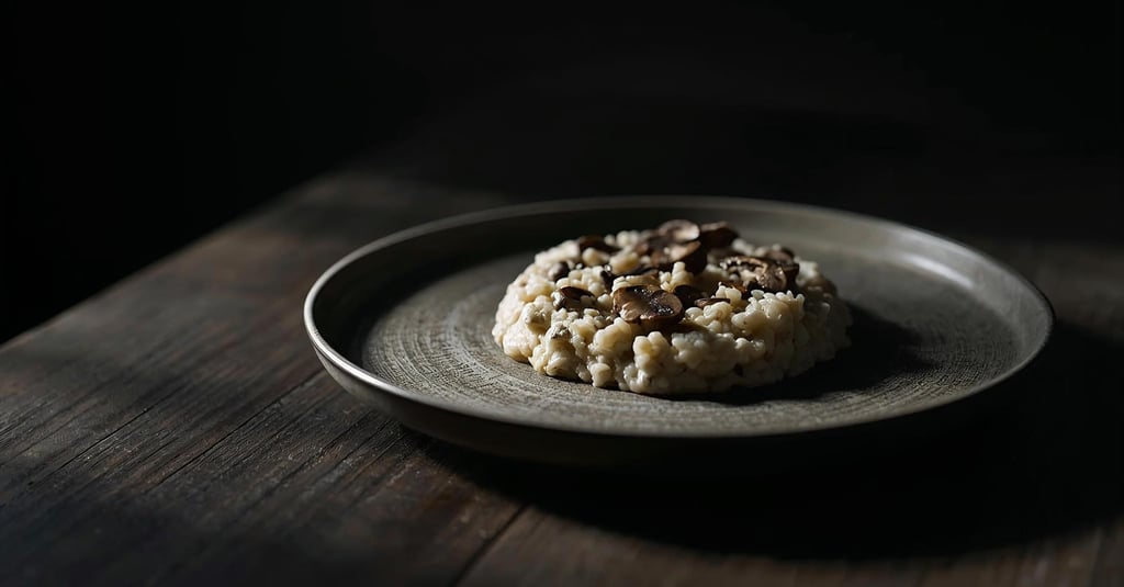 Creamy mushroom risotto served on a matte ceramic plate on a dark rustic wooden table