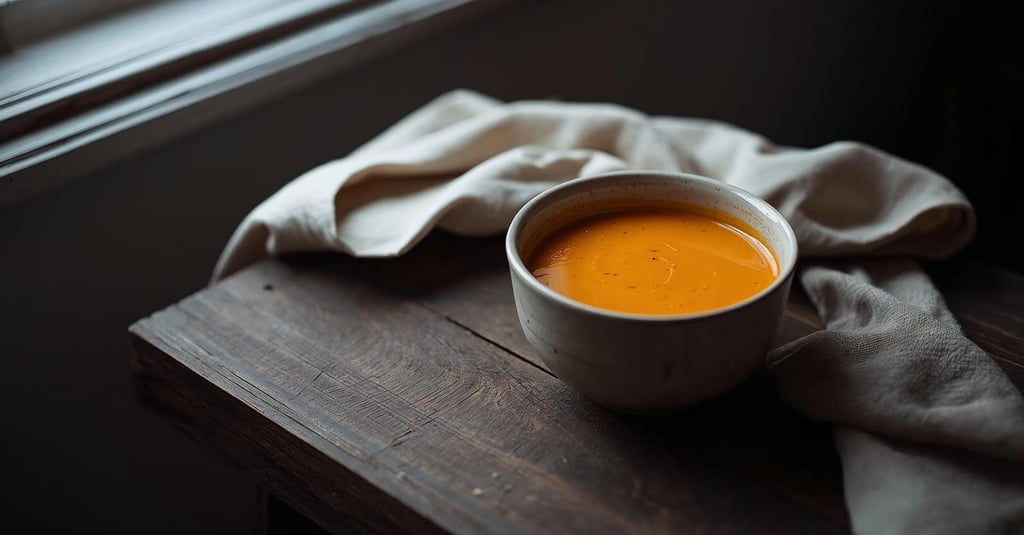 Creamy sweet potato soup in a simple ceramic bowl on a dark rustic wooden table