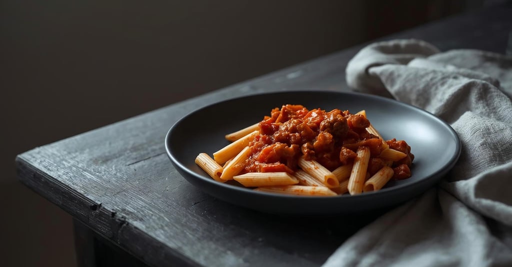 Tomato and sausage penne served in a matte ceramic bowl on a dark rustic wooden table