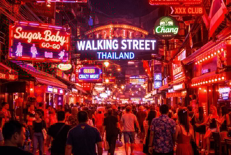 Nachts eine überfüllte Fußgängerzone in Pattaya, Thailand, mit leuchtend roten Lichtern und Touriste