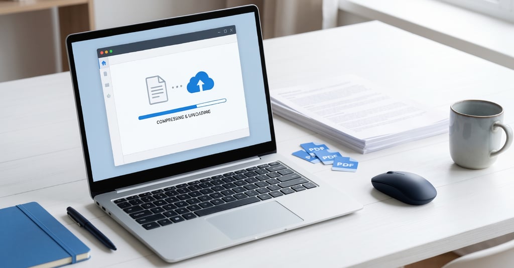 Person using a laptop to make scanned documents smaller before uploading files online