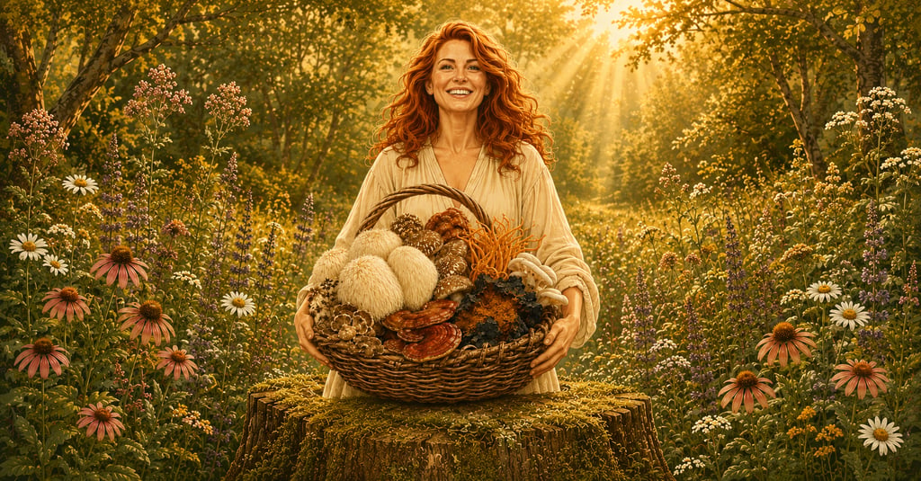 A smiling redhead woman holds a basket of medicinal mushrooms in a sunlit forest meadow.