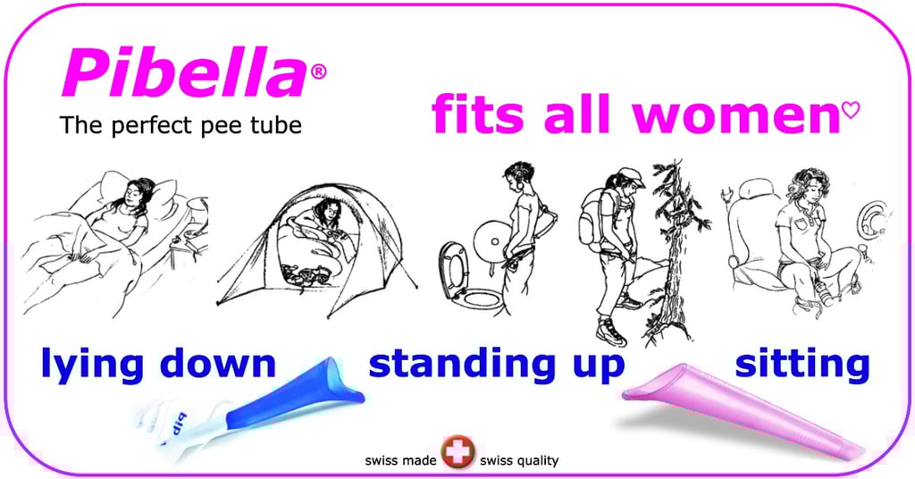 Illustration of two Pibella female urination devices for standing, sitting, and lying down, with drawings of women in various