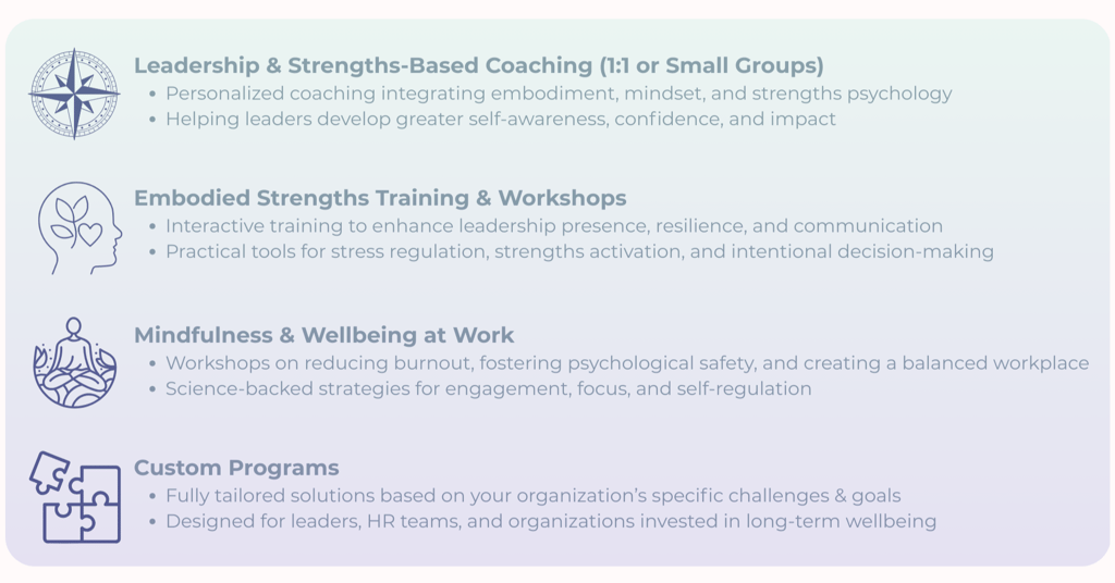 My offer embodied leadership, strengths based coaching, mindfulness & wellbeing at work