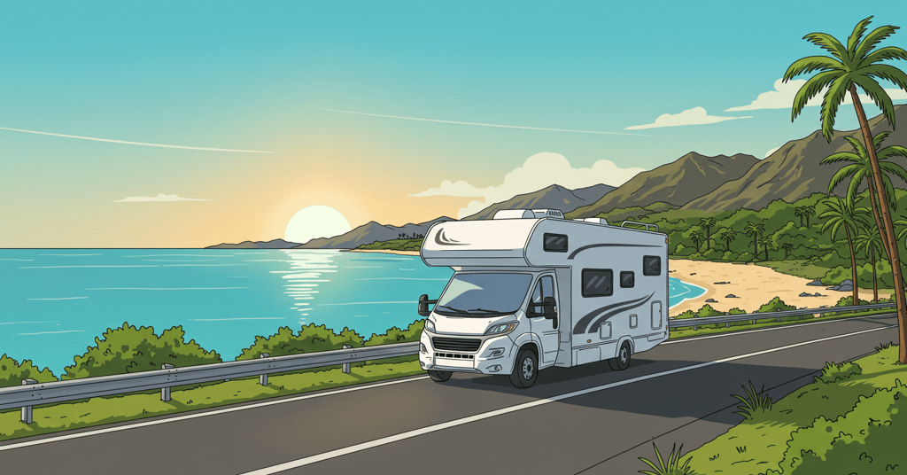 Illustration of RV riding down the coast with surge protectors, GPS, and internet for safe RV travel