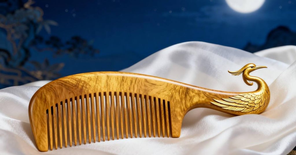 King Fly handcrafted wooden comb with golden crane inlay.