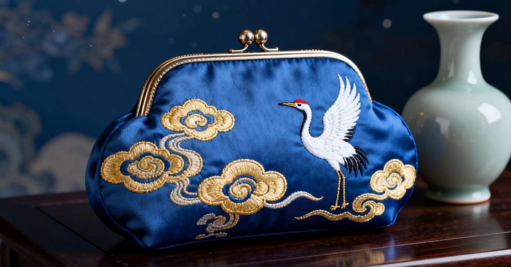 King Fly azure silk pouch with golden crane embroidery.