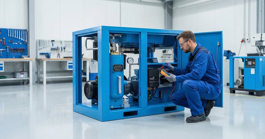 technician performing basic inspection on air compressor including power and air filter check