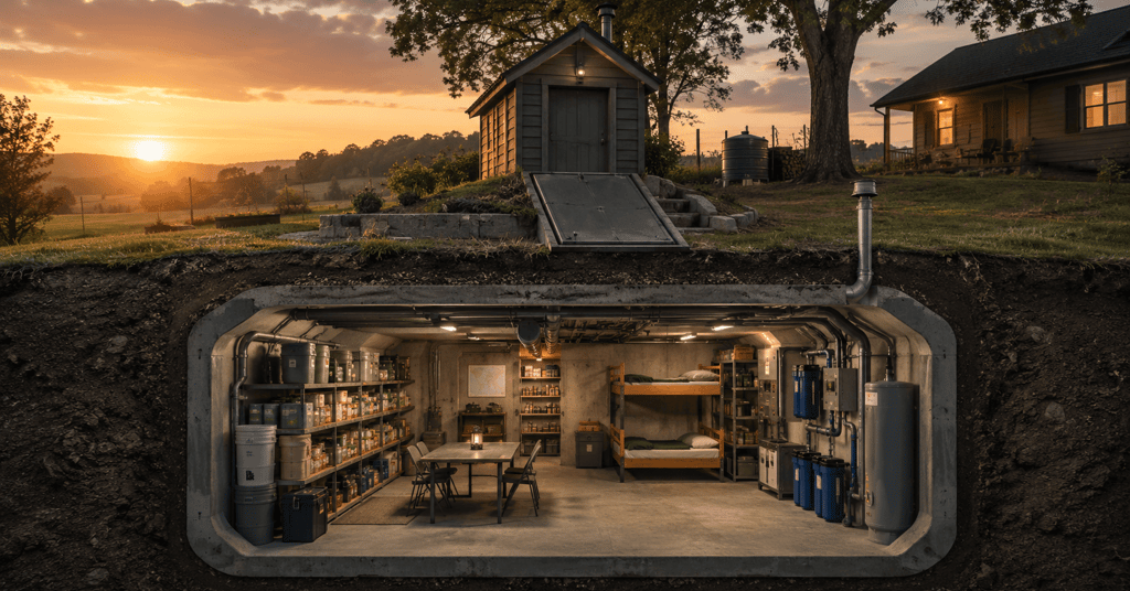 Underground survival bunker with food supplies, bunk beds, and water filtration system at sunset.