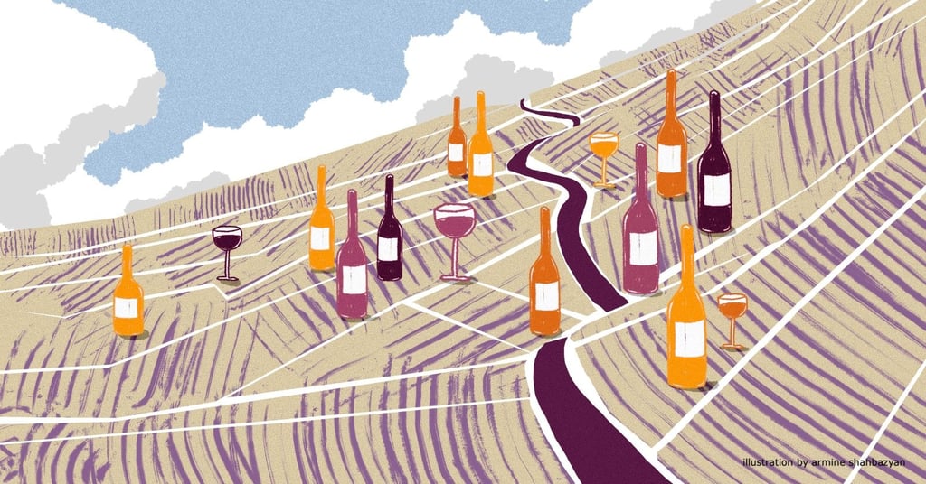 Stylized illustration of wine bottles and glasses across terraced vineyard hills under a cloudy sky.