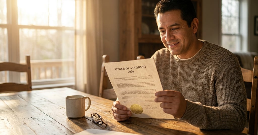 Hombre hispano en casa revisando un documento de Carta Poder notariado