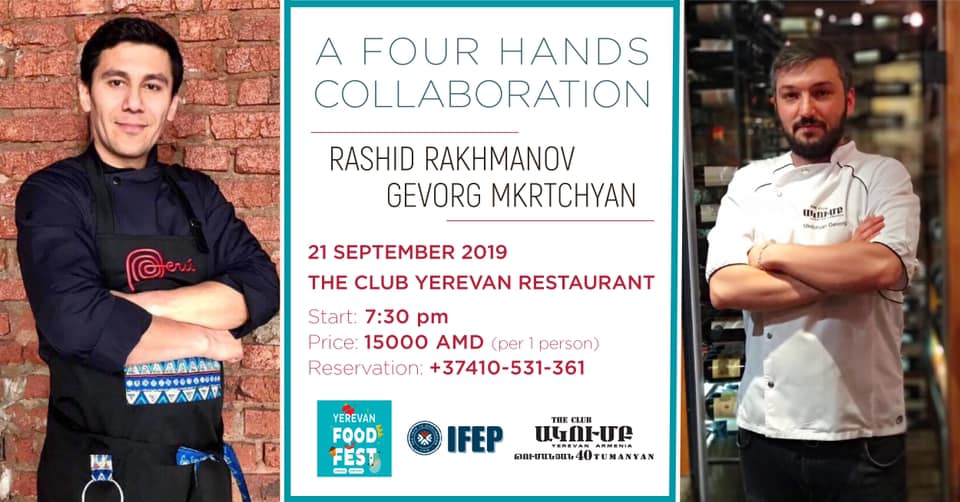 Poster for a four hands collaboration dinner at The Club Yerevan with chefs Rashid Rakhmanov and Gevorg Mkrtchyan.
