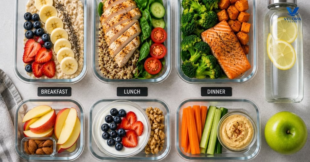 Healthy food prep containers with breakfast, lunch, dinner and snacks.