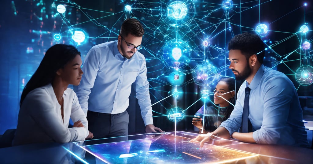 a group of people standing around a table with a tablet analyzing emerging technologies 