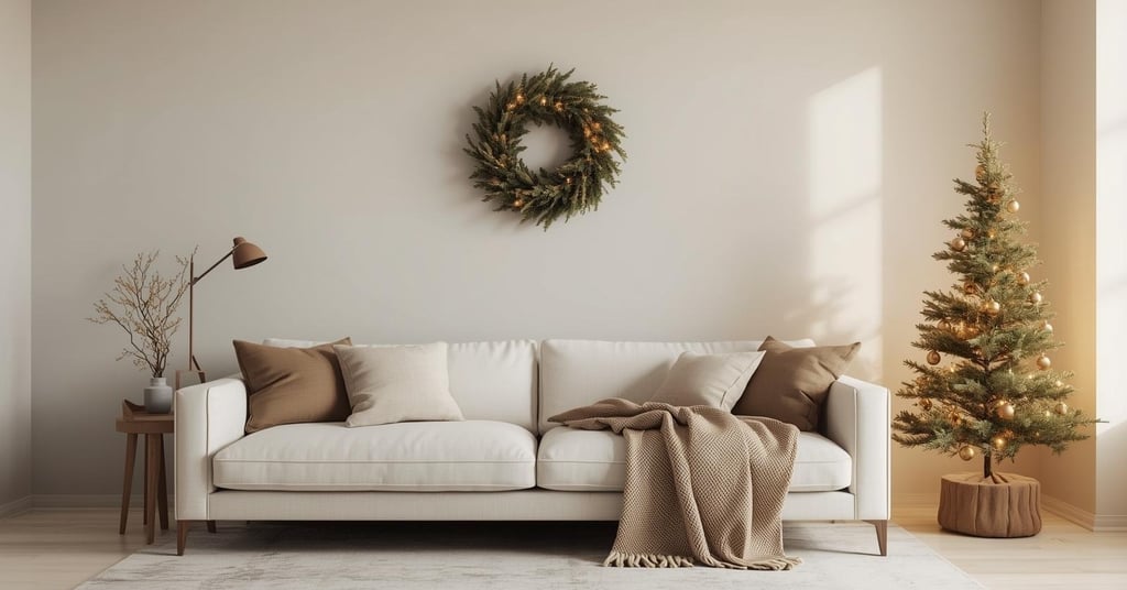 Minimal holiday living room with simple décor and calm neutral tones.