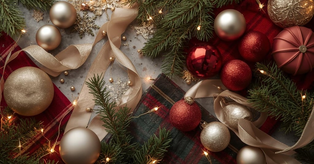 Flat lay of matching Christmas ornaments and ribbons in a cohesive color palette.