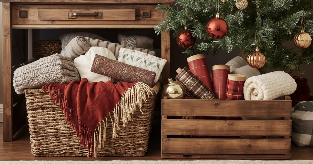 Woven baskets with blankets and ornaments under a cozy holiday console.