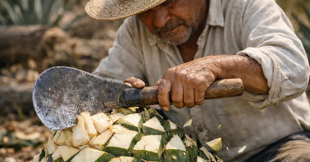 Artesano mezcalero cortando piña de agave con herramienta tradicional