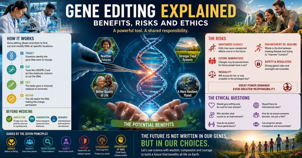 Infographic titled Gene Editing Explained showing CRISPR technology, benefits like healthier futures, and ethical risks.