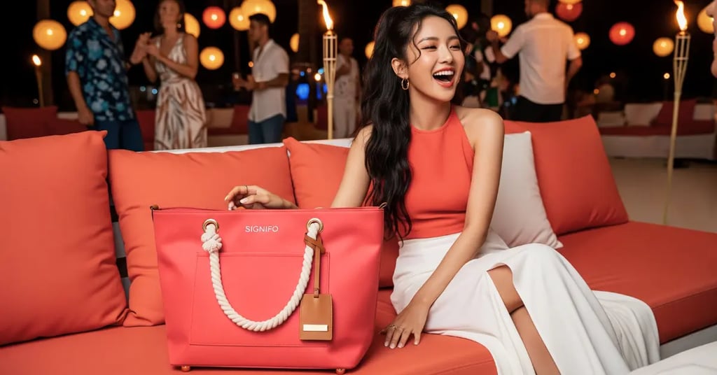Seorang wanita tertawa di pesta malam hari sambil duduk di sofa dengan tas tote SIGNIFO berwarna Salem.