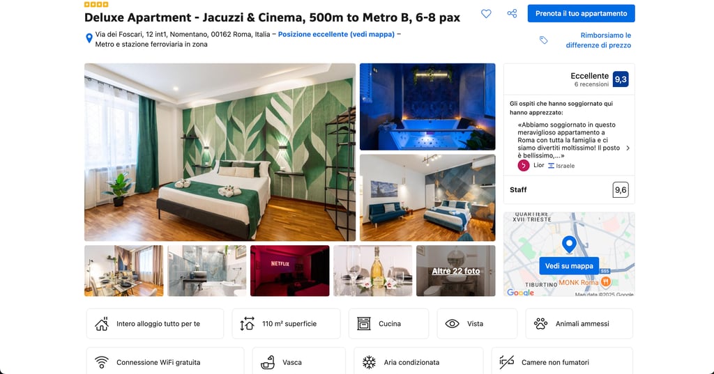 Screenshot di annuncio Booking.com di appartamento a Roma gestito professionalmente per affitti brevi