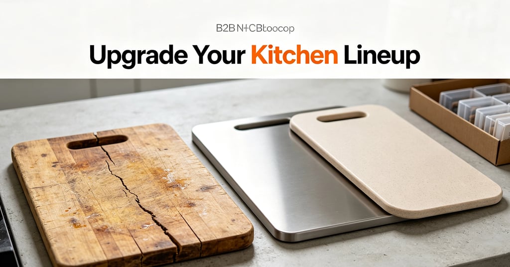 A worn wooden cutting board next to new stainless steel and composite boards to upgrade your kitchen lineup.