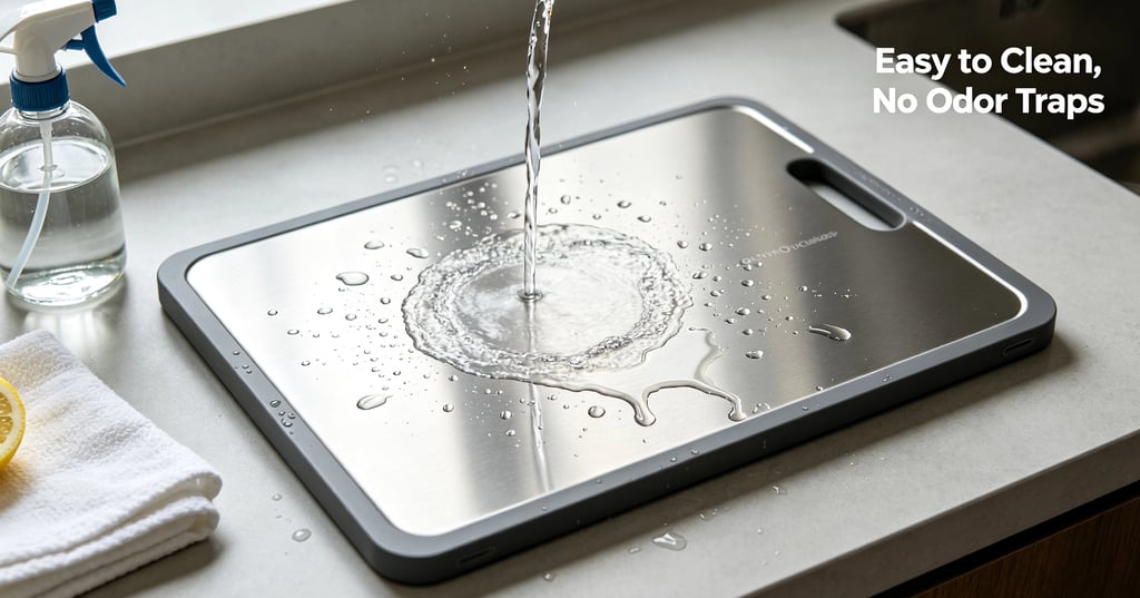 Easy to clean stainless steel cutting board being rinsed with water in a modern kitchen sink setting.