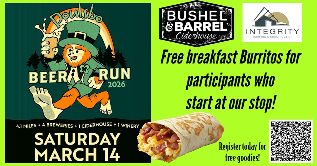 Poulsbo Beer Run 2026 event flyer with a leprechaun mascot, free breakfast burritos, and local brewery logos.