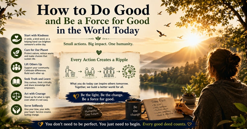 Infographic on how to be a force for good in the world, featuring kindness tips and a scenic sunset lake view.