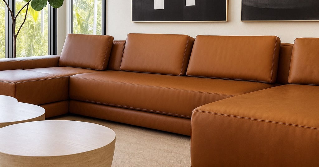 Tan leather sectional sofa with clean lines, by Solo Home Decor in a modern space.