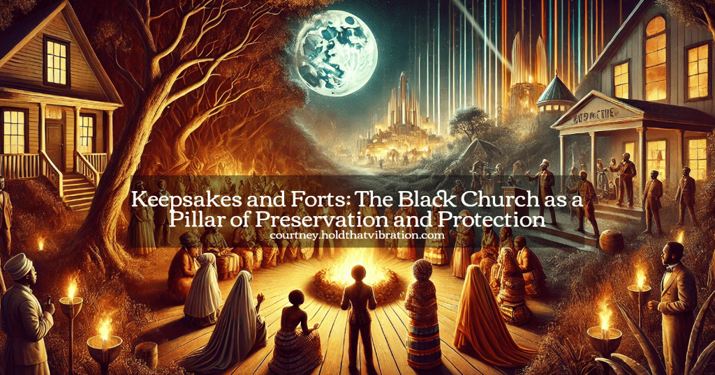 The image illustrates a visual journey from historical African American spiritual traditions to Afrofuturism.