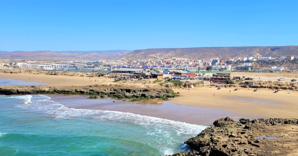 a beach with a view of taghazout