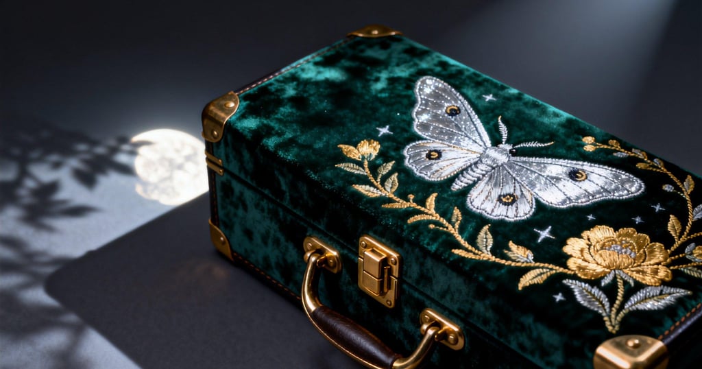  A close-up of a dark green velvet trunk with detailed butterfly embroidery.