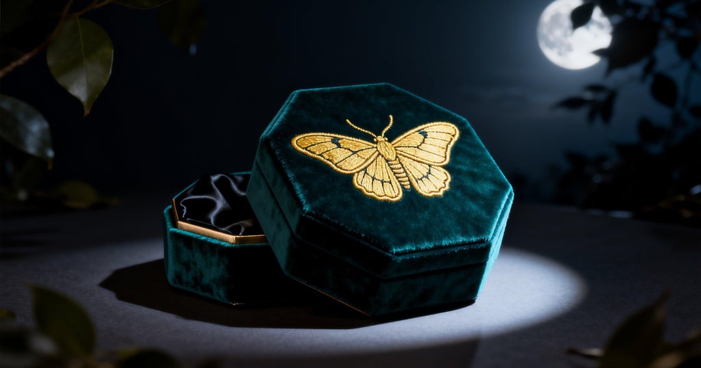 The "Midnight Garden" octagonal jewelry box in a moonlight scene.