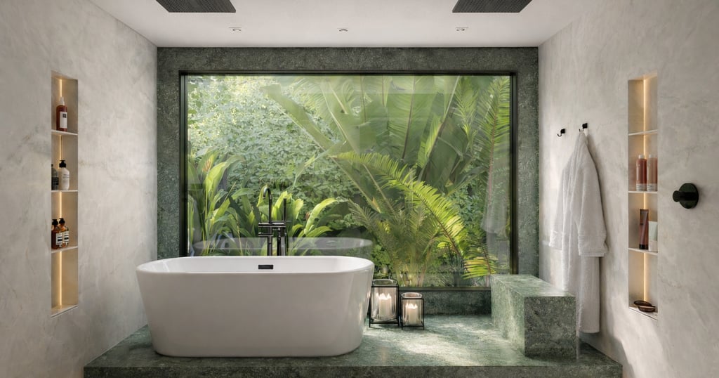 Projeto residencial alto padrão em Itaipava com banheiro spa, pedra verde e paisagismo