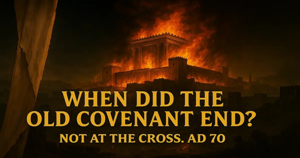Burning Jerusalem temple in AD 70 with torn veil, symbolizing the Old Covenant’s end when sacrifices stopped.