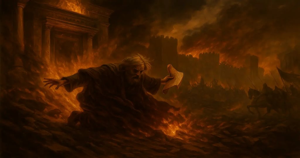 Jerusalem and temple burning, with the false prophet of Revelation 20:10 judged in AD 70, prophecy fulfilled first century