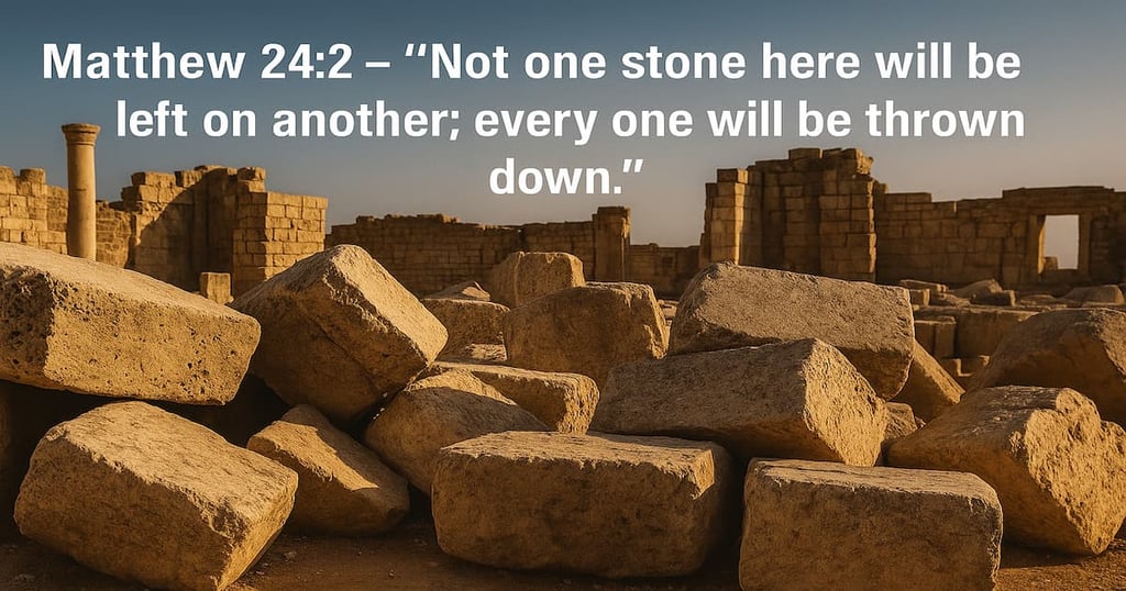 Jerusalem temple ruins showing prophecy of Matthew 24:2 fulfilled, not one stone left upon another