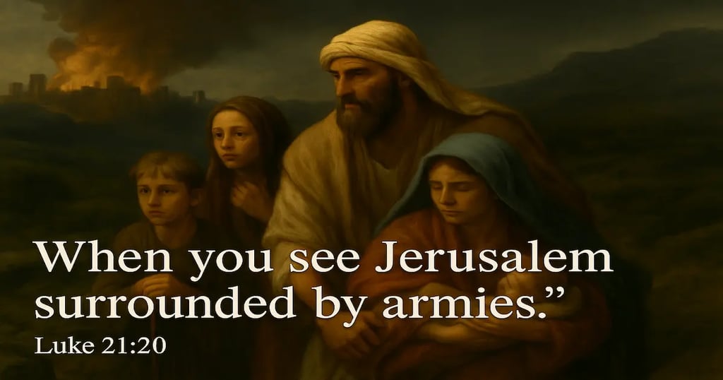 Early Christians fleeing Jerusalem to Pella in AD 70, fulfilling Jesus’ prophecy in Luke 21:20 as the city burns