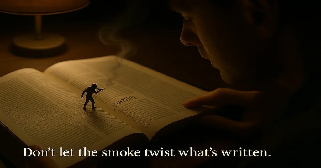 Reader studying Daniel as a tiny dark figure blows smoke over the page, symbol of twisting Scripture and hidden truth.