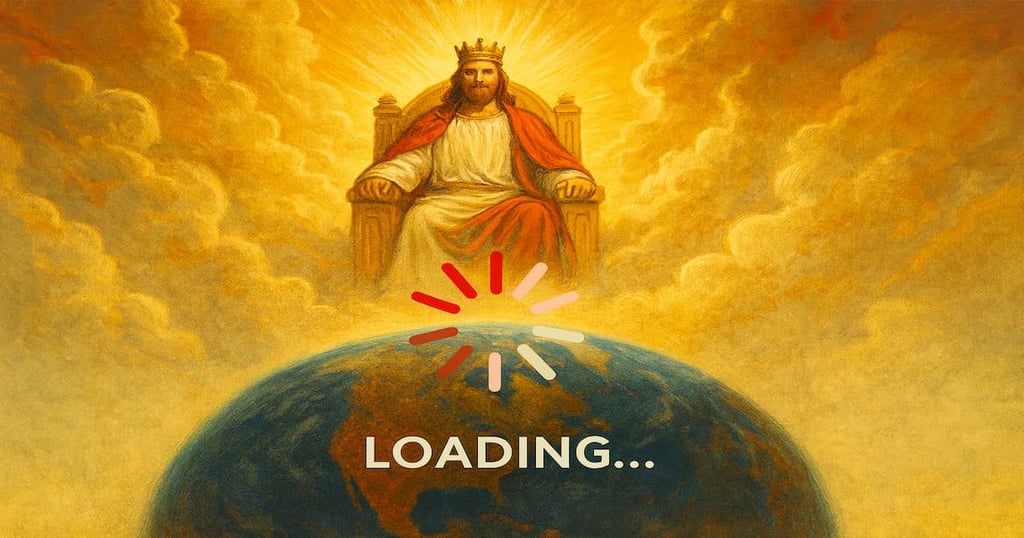 Jesus seated on a golden throne above the clouds, earth below with loading icon, symbolizing His present heavenly reign.