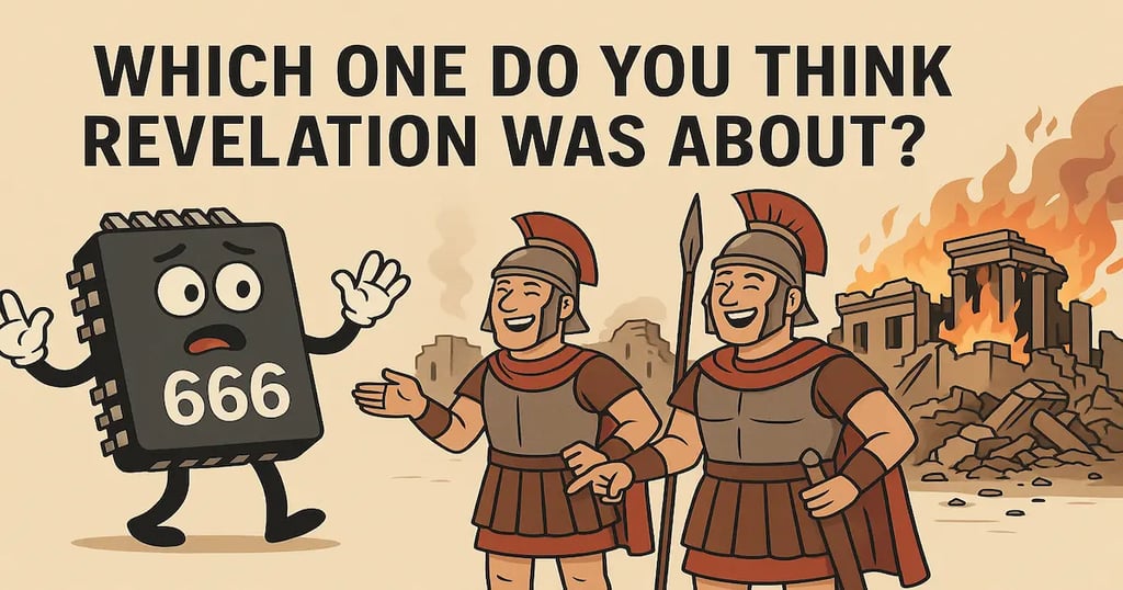 Cartoon microchip with 666 mocked by Roman soldiers before burning Jerusalem ruins, showing Revelation was fulfilled.