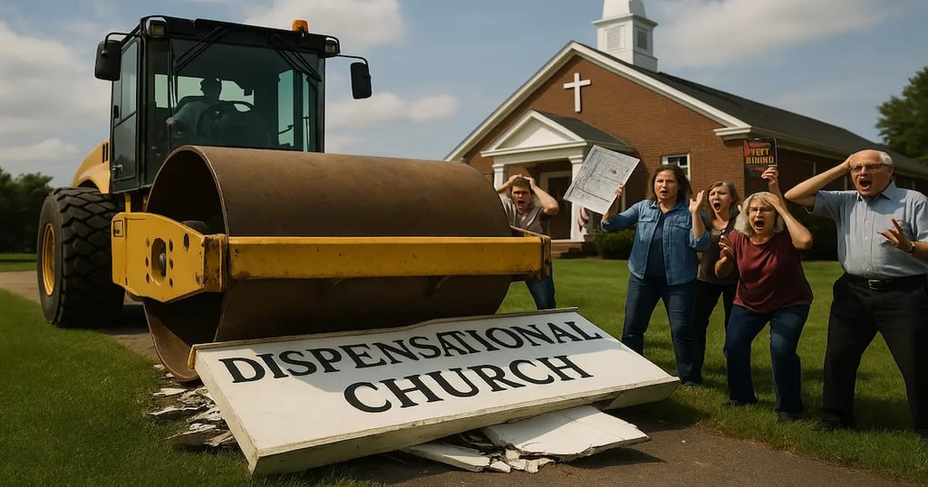 Steamroller crushes Dispensational Church sign as shocked churchgoers panic, prophecy charts and Left Behind books fly.