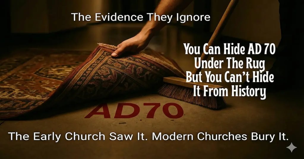 Man sweeping AD 70 under a rug in a church hallway, symbolizing how modern churches hide the fulfilled prophecy of Jesus.