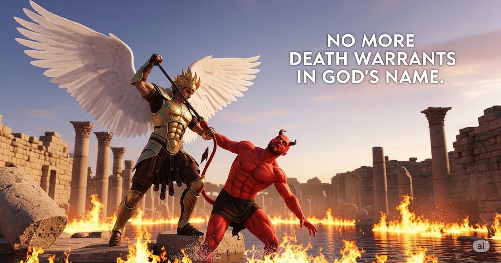 Angel casting devil into lake of fire, Jerusalem ruins in background, symbolizing end of old covenant.