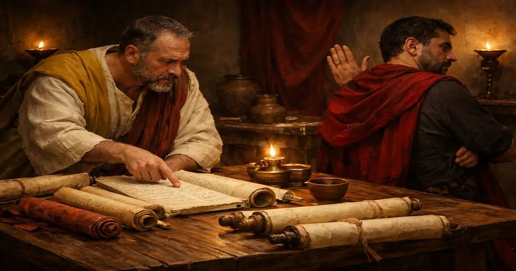 Two men debate ancient scrolls, one engaged with the text while the other turns away, reflecting ignored AD 70 evidence.